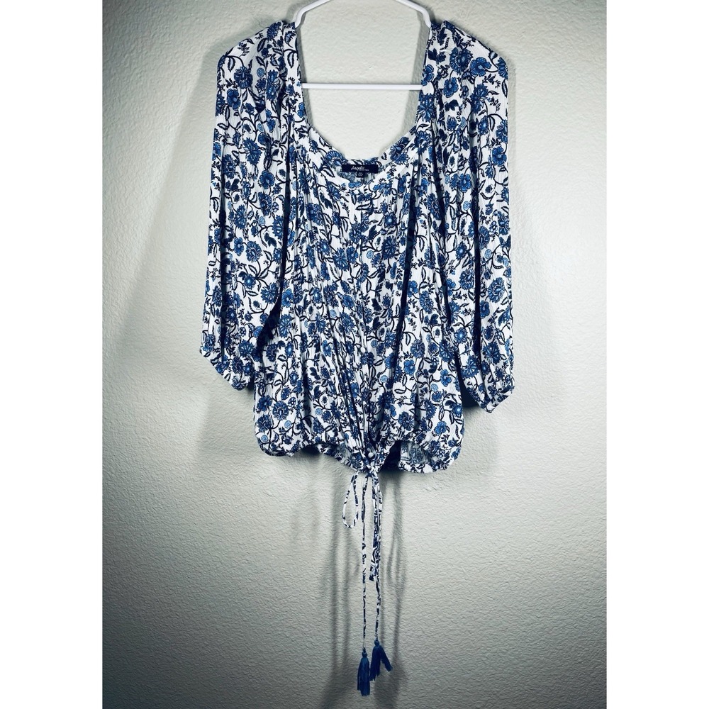 Women's Sz XL Blue White Floral Blouse By Angels  Button Front Prairie cottage